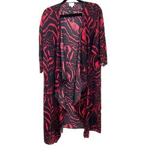 LuLaRoe Patterned Short Sleeve Waterfall Sheer Kimono Red Black Size Large